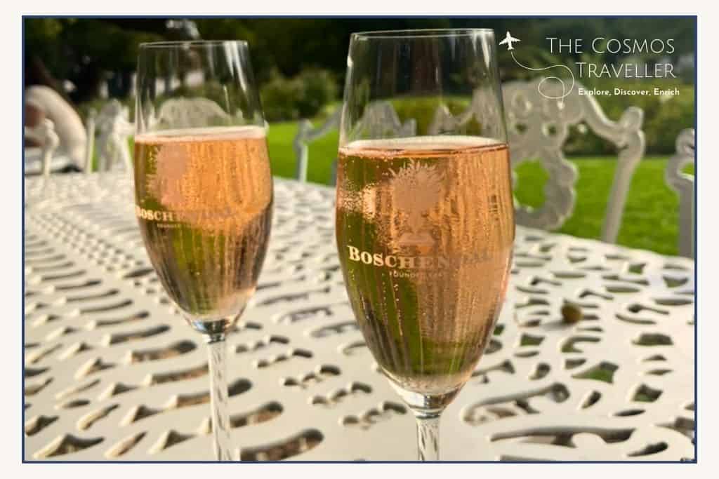 2 glasses of rosé sparkling MCC, South African Wine. A signature wine of Boschendal Winery.