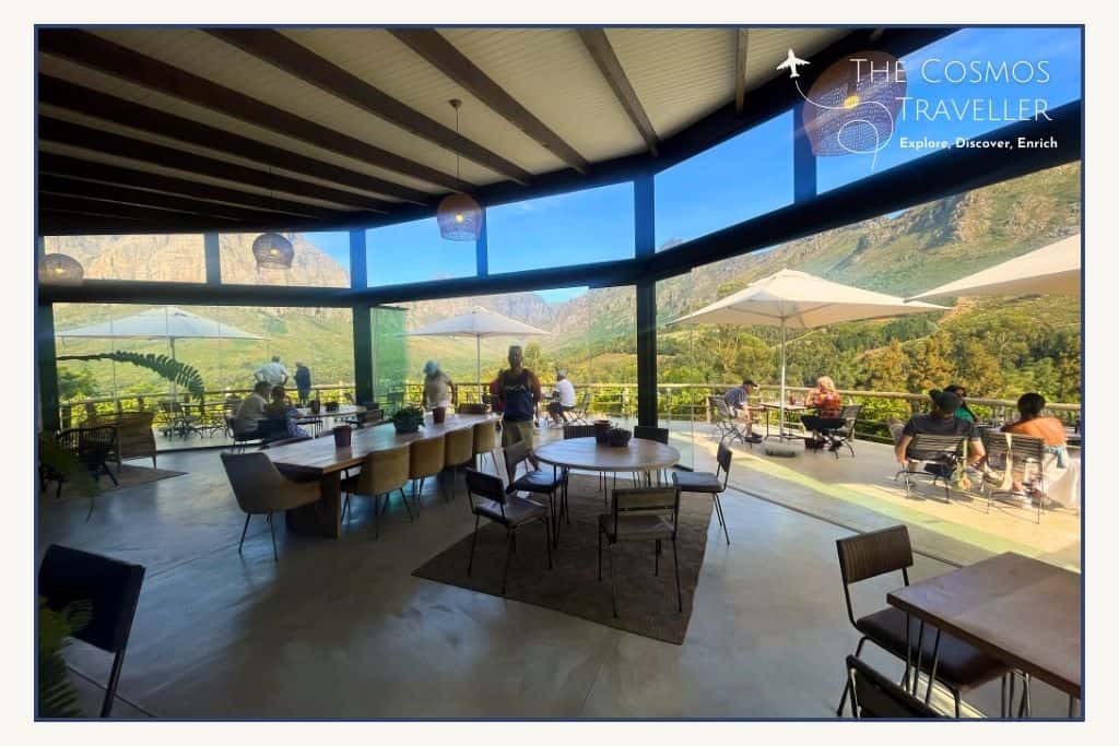 A wide room opens out onto a large terrace. People are sat tasting wine over looking the vineyards.