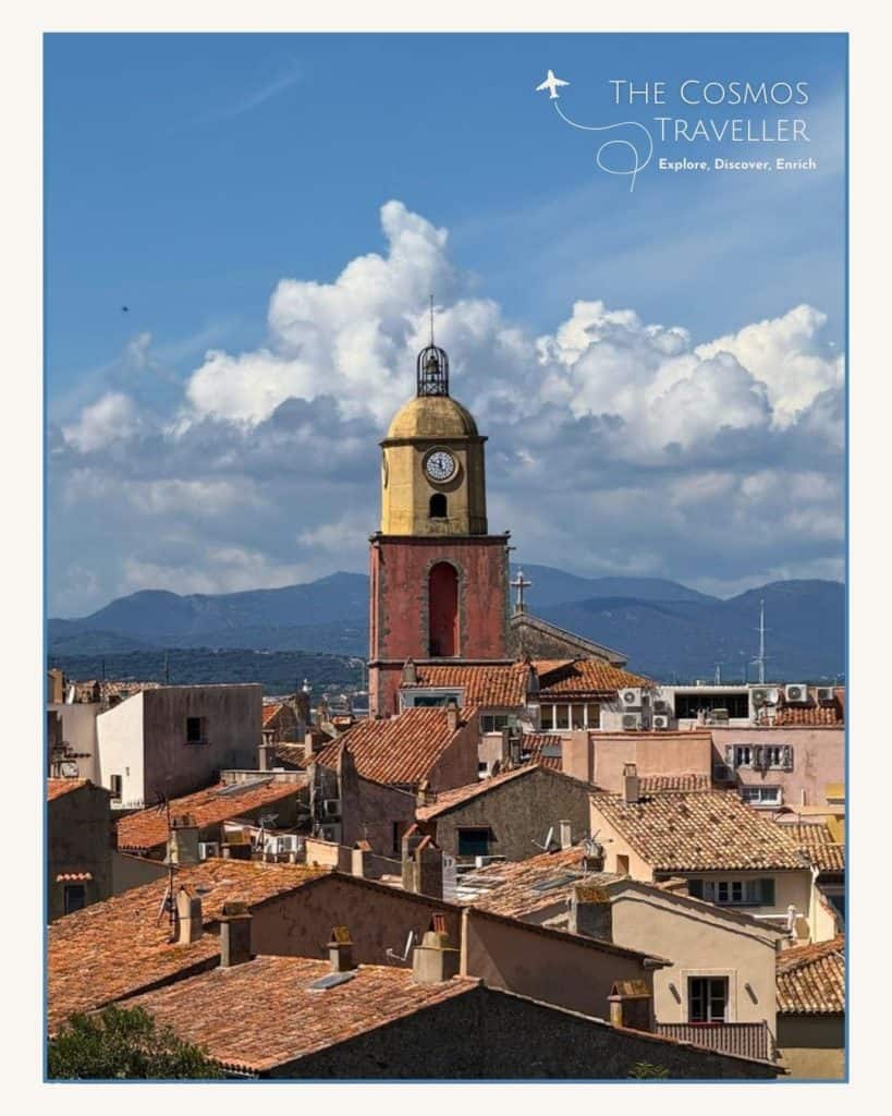 The bell tower of Église Notre-Dame de l’Assomption rising above the rooftops of Saint-Tropez.
