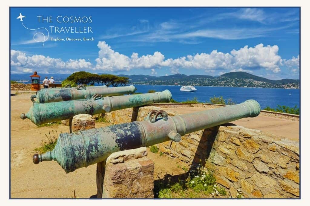 Bronze cannons at the Citadel of Saint-Tropez point out over the waters of the Gulf of Saint-Tropez.