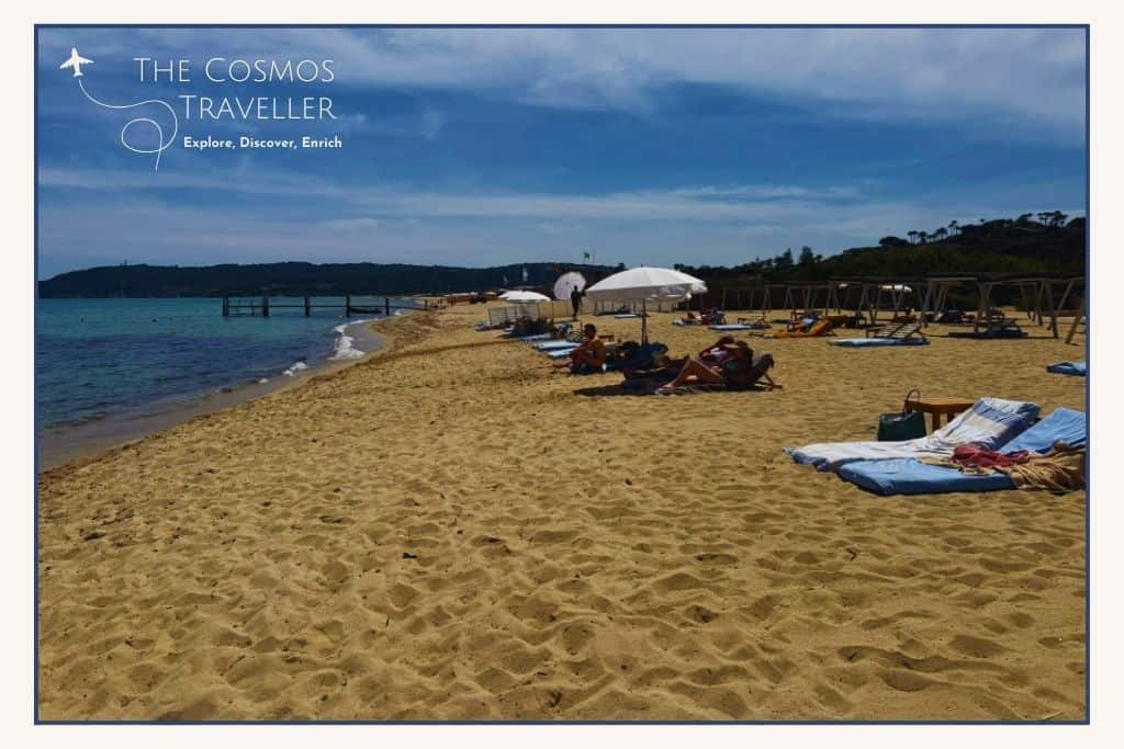 The famous Club 55 on Pampelonne Beach in Saint-Tropez, seen on a quiet, peaceful day.