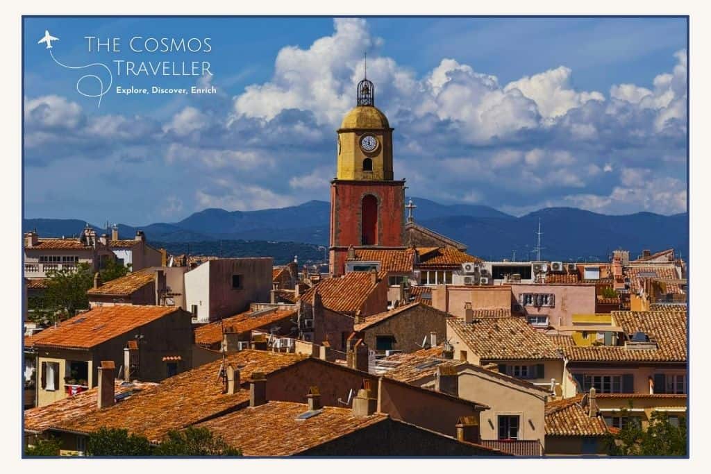 The bell tower of Église Notre-Dame de l’Assomption rises above Saint-Tropez’s terracotta rooftops.