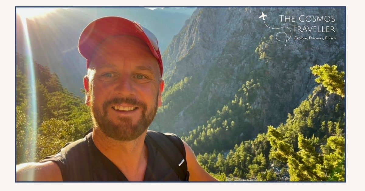 Selfie of The Cosmos Traveller at sunrise at the start of the Samaria Gorge hike in Crete.