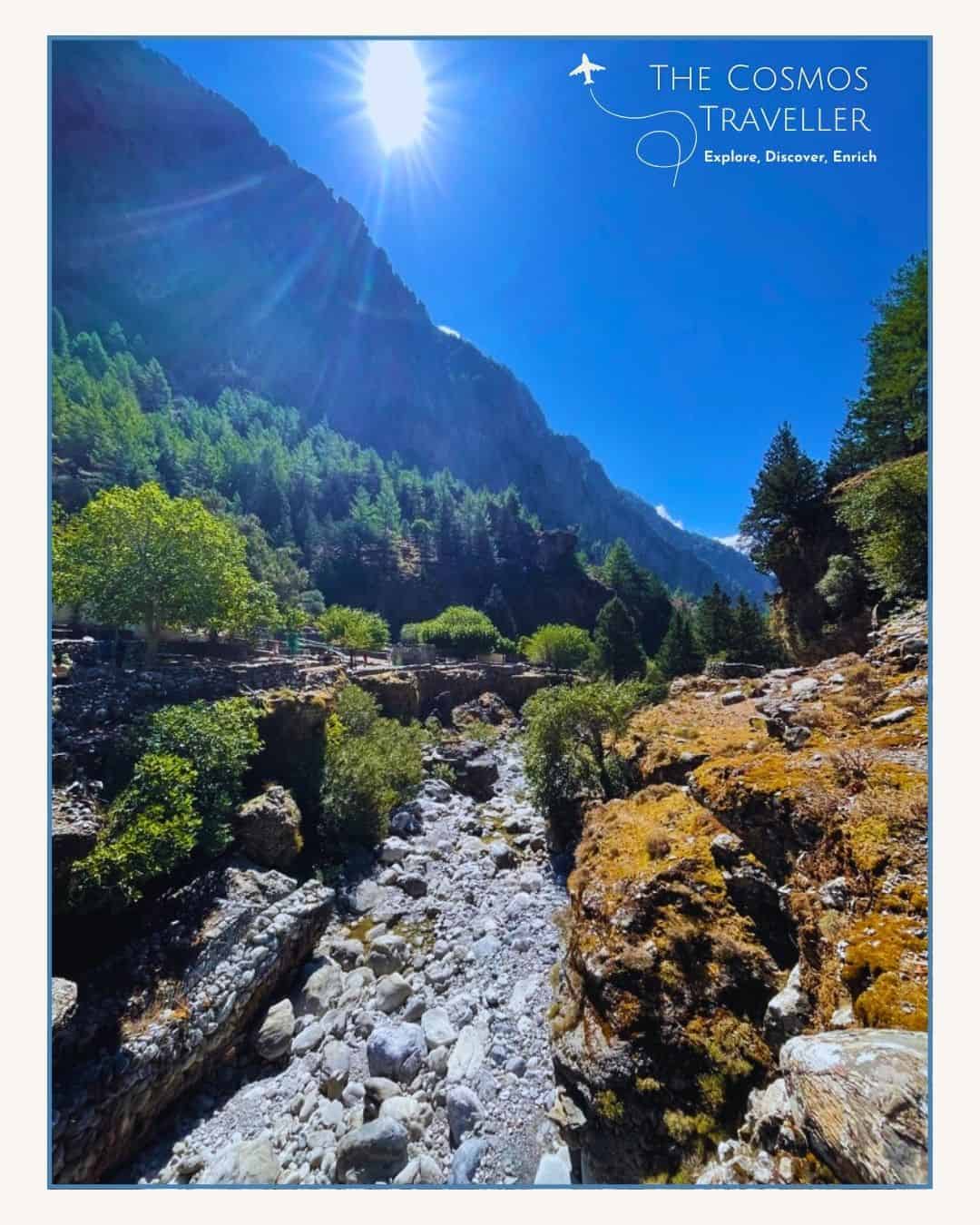 Sunny panoramic view of the abandoned village of Samaria in the Samaria Gorge.