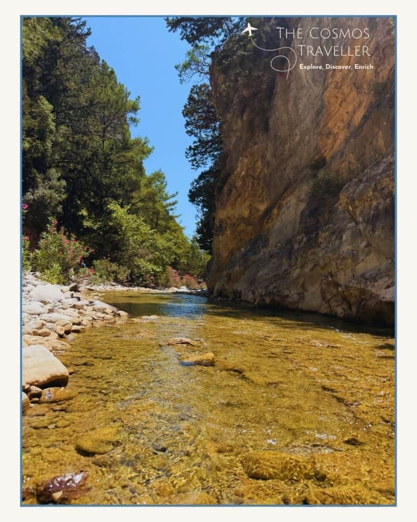 Water flowing through the rocky terrain of the Samaria Gorge in Crete.