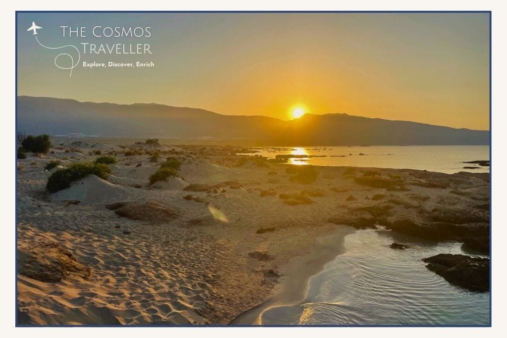 Secluded sunrise beach near Elafonisi, Crete, with soft sand and peaceful views far from the crowds.