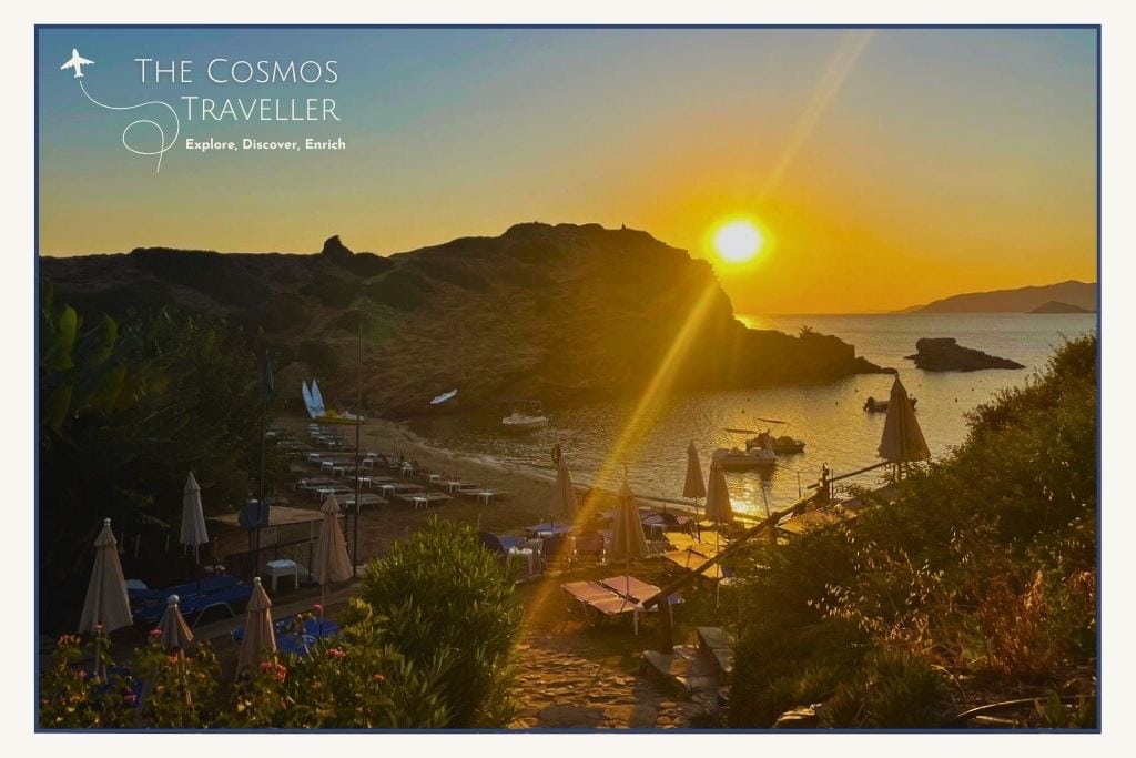 Evita Beach in Bali, Crete at sunrise with calm waters, golden light, and rocky hills in the background.