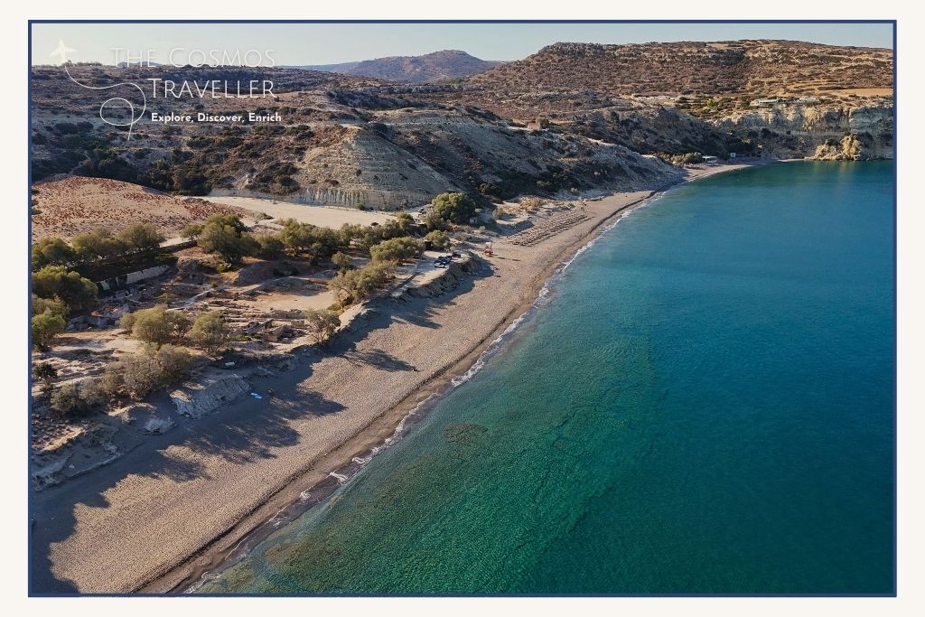 Drone shot of Kommos Beach in Crete, showing sandy coastline and open sea—one of the island’s hidden beach gems.