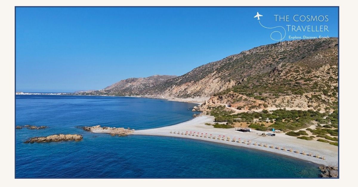 Beaches in Paleochora Crete, viewed from drone on a bright sunny day.