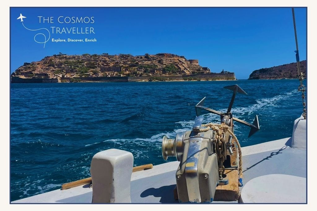 View of Spinalonga Island from a small tour boat departing Plaka village