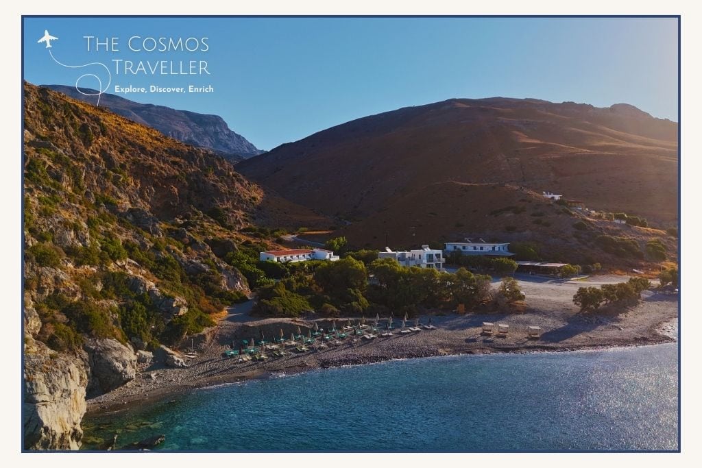 Drone drop shot of Drymiskiano Ammoudi Beach with Dionyssos Beach visible in the background — close to Preveli, near Plakias.