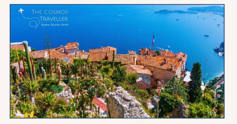Eze Village rises about the mediterranean and the coastline of St Jean Cap Ferrat in the distance.
