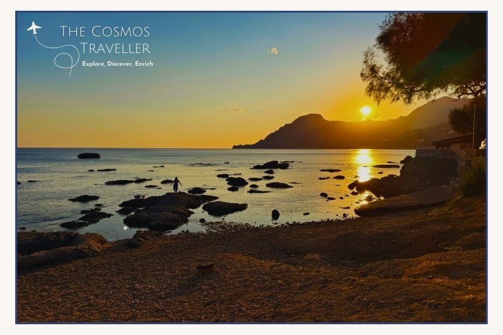 Sunset view from Plakias looking west towards Souda Beach — one of the most scenic Plakias beaches.