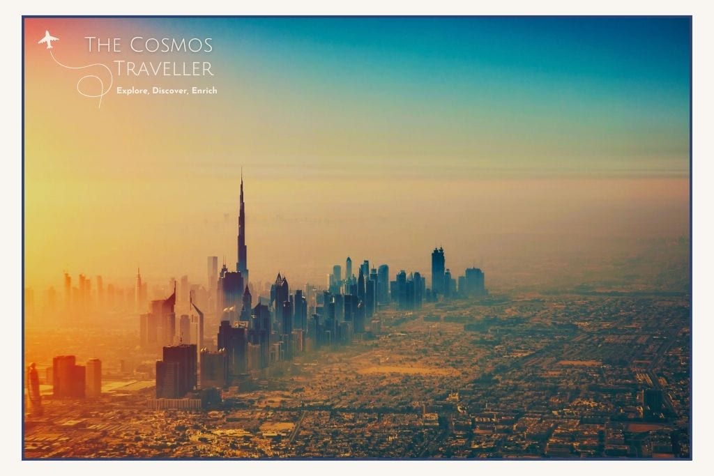 The skyline of Sheikh Zayed Road in Dubai seen from helicopter.