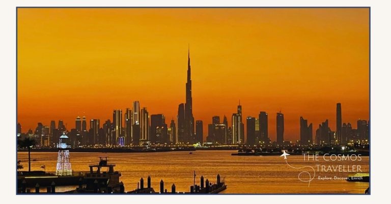 Downtown Dubai seen across the creek at sunset, the perfect setting for a half-day tour.