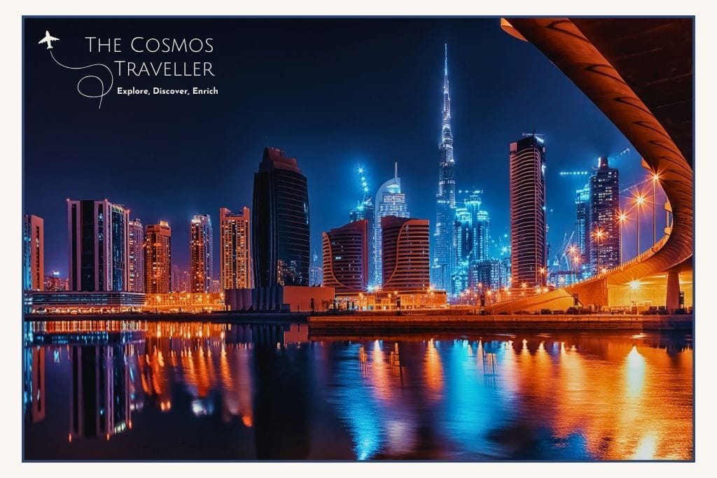 Downtown Dubai illuminated at Night.