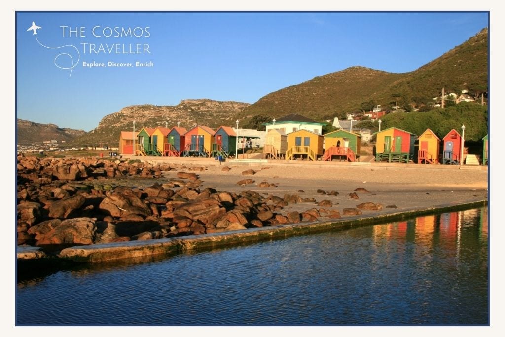 Colourful bathing boxes and tidal pool at St James Beach in Cape Town