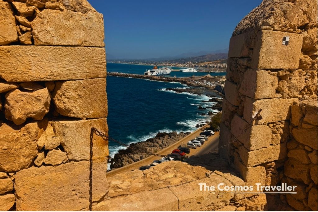 Stone bastions and coastal view along the Fortezza walls in Rethymno, Crete