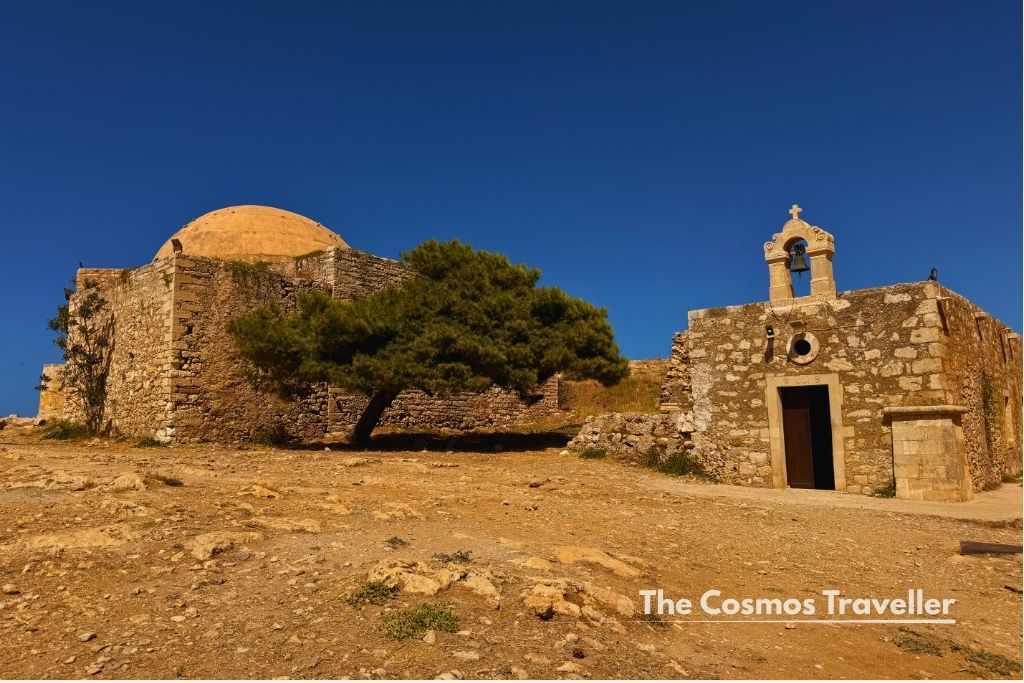 Ruins and domed chapel inside the Fortezza fortress in Rethymno, Crete