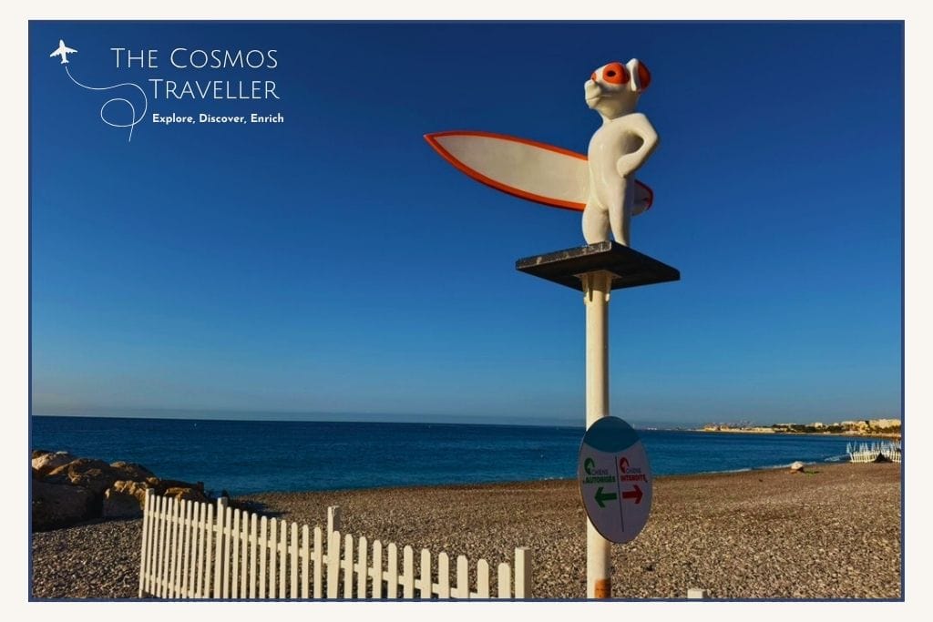 Totor the surfing dog statue at Brigitte Bardot Beach in Nice