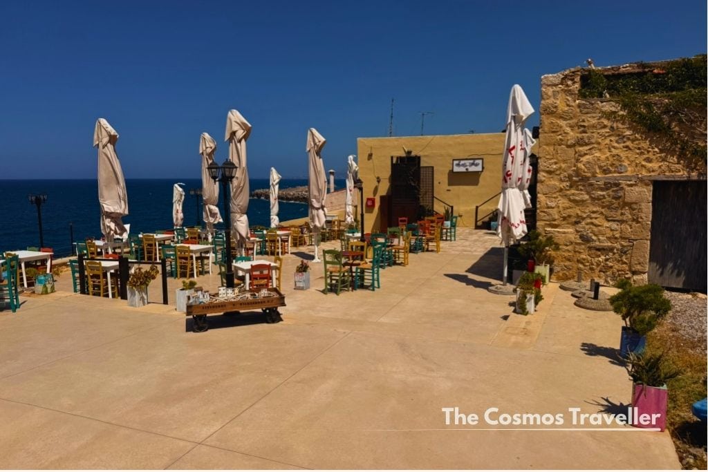 Terrace seating at Thalassographia restaurant near Rethymno's Fortezza, Crete
