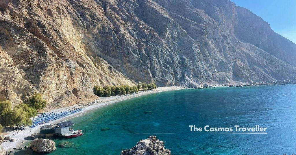 Glyka Nera (Sweet Water) beach seen from the cliff path above, Crete's south coast.