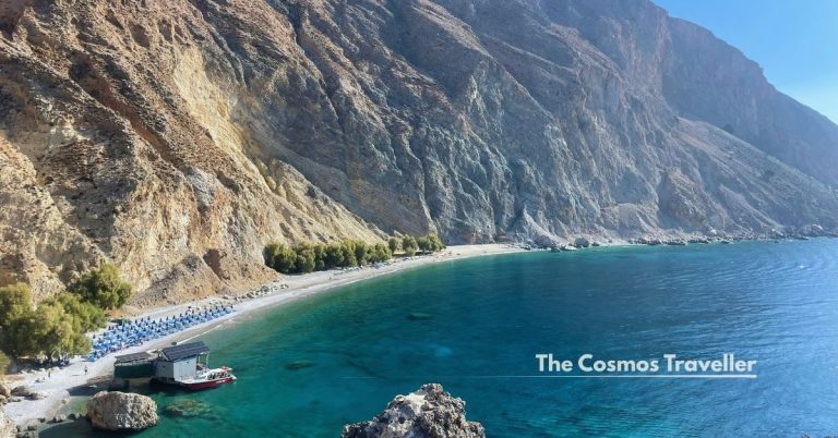 Glyka Nera (Sweet Water) beach seen from the cliff path above, Crete's south coast.