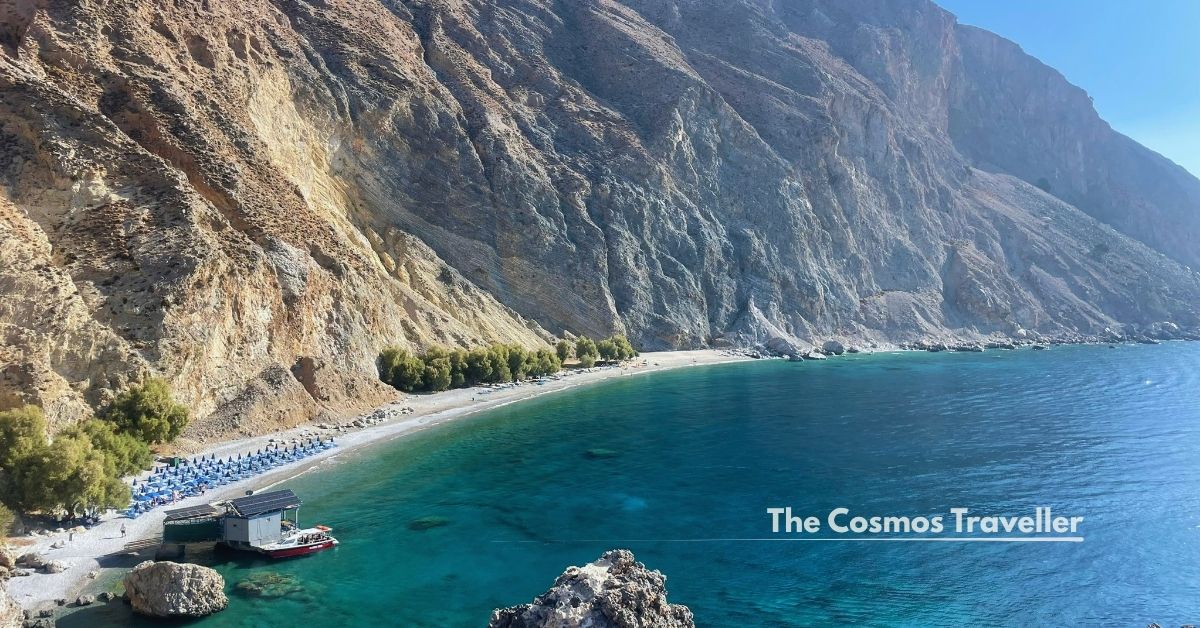 Glyka Nera (Sweet Water) beach seen from the cliff path above, Crete's south coast.