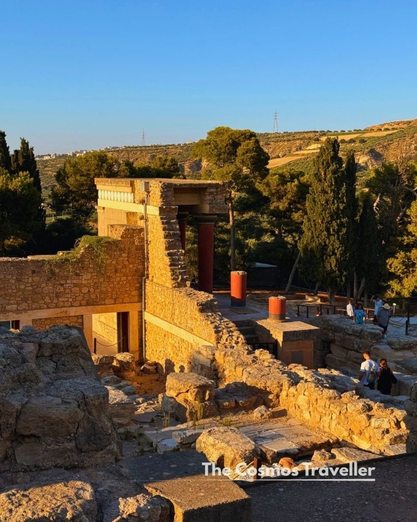 view of the Knossos Palace ruins in warm evening light