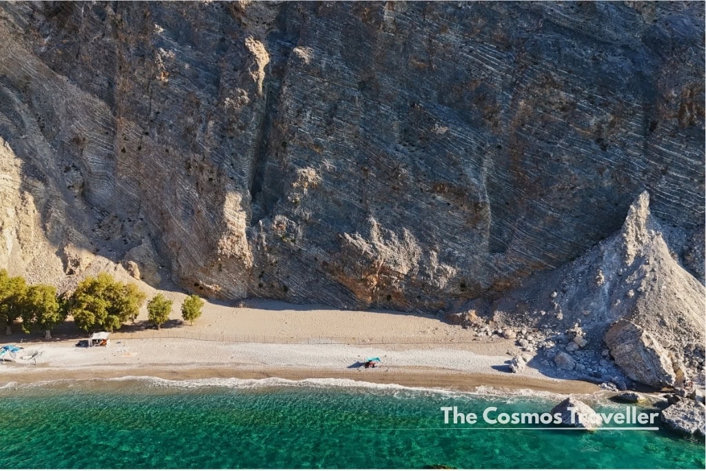 The quiet cove at Glyka Nera (Sweet Water Beach) on Crete's south coast.