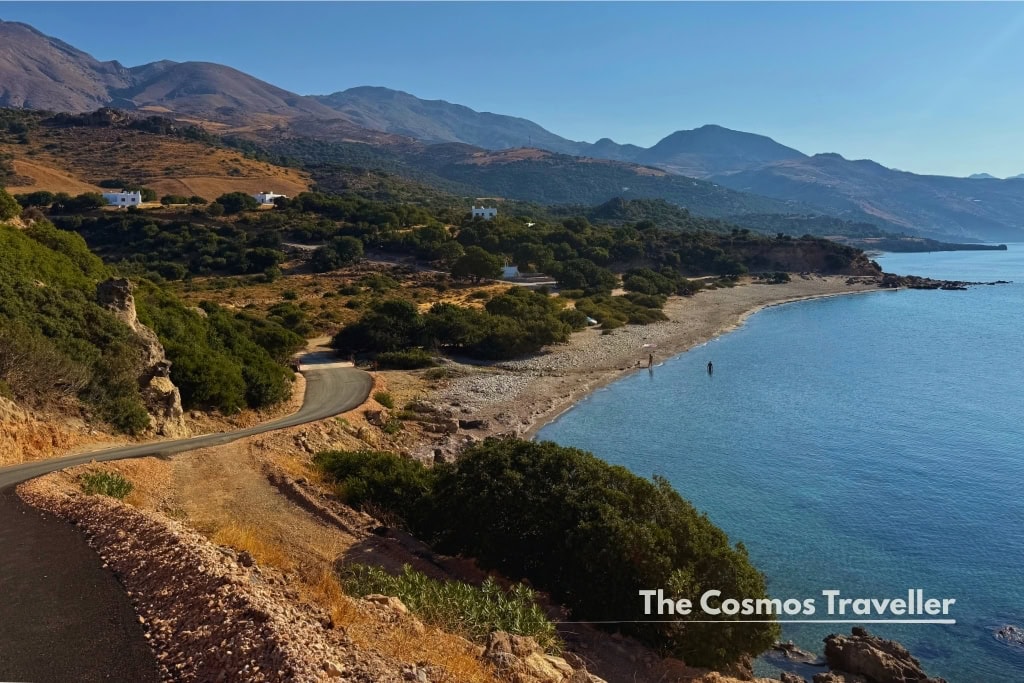 Aerial view of the coast road down to Paralia Agia Marina, near Plakias and Sfakia, Crete