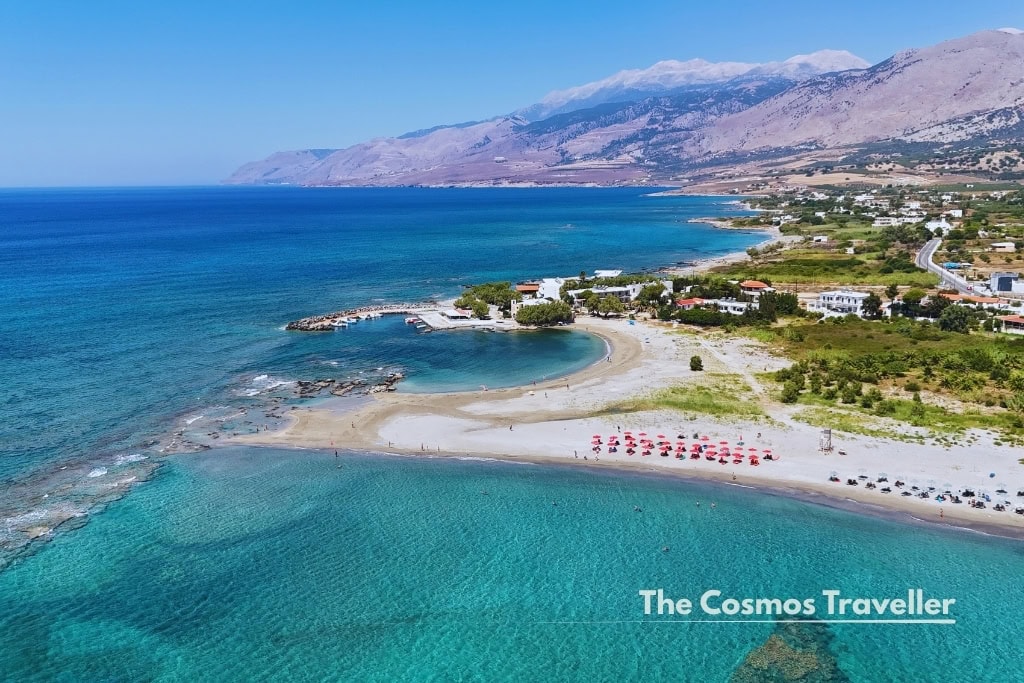 Aerial view of Frangokastello beach with sunbeds, south coast of Crete