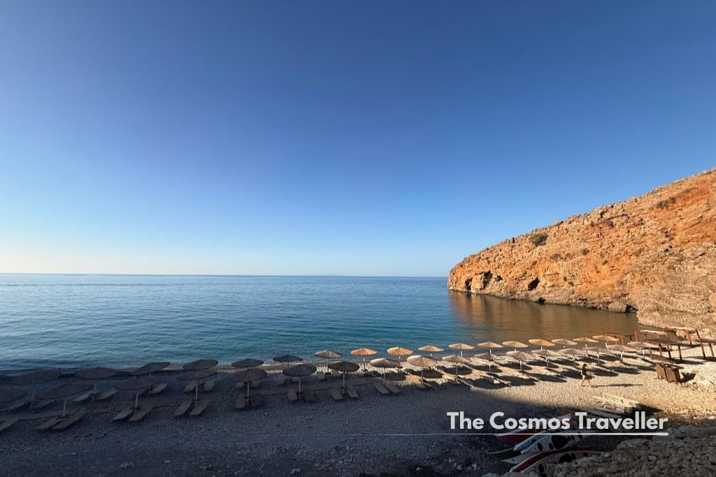 Sunbeds overlooking the sea at Ilingas beach, near Sfakia
