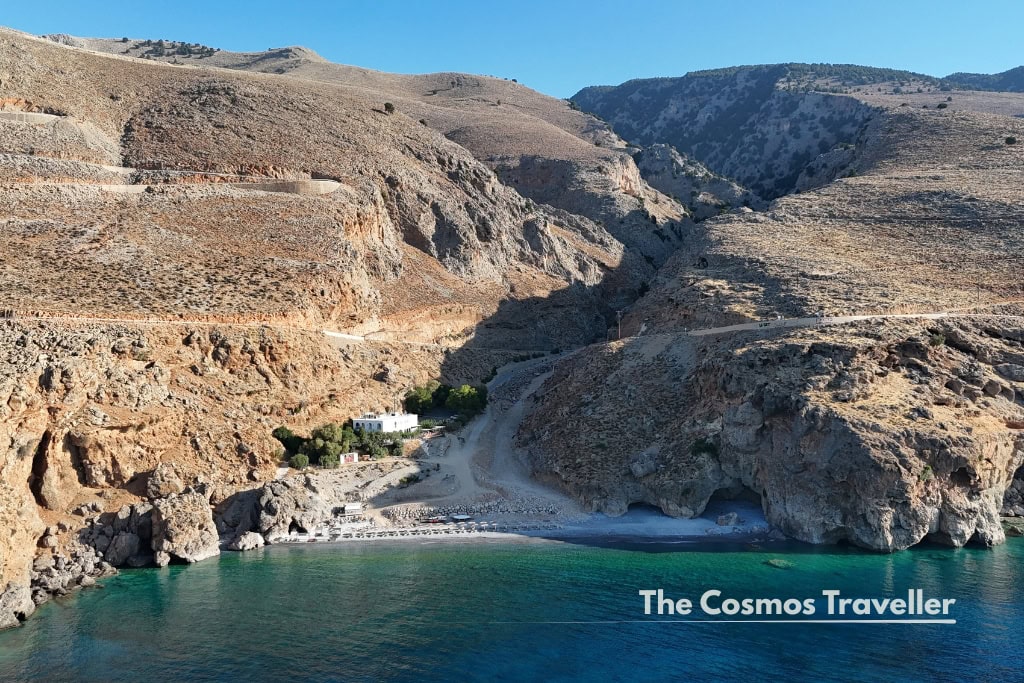 Aerial view of Ilingas beach and gorge near Chora Sfakion, Crete