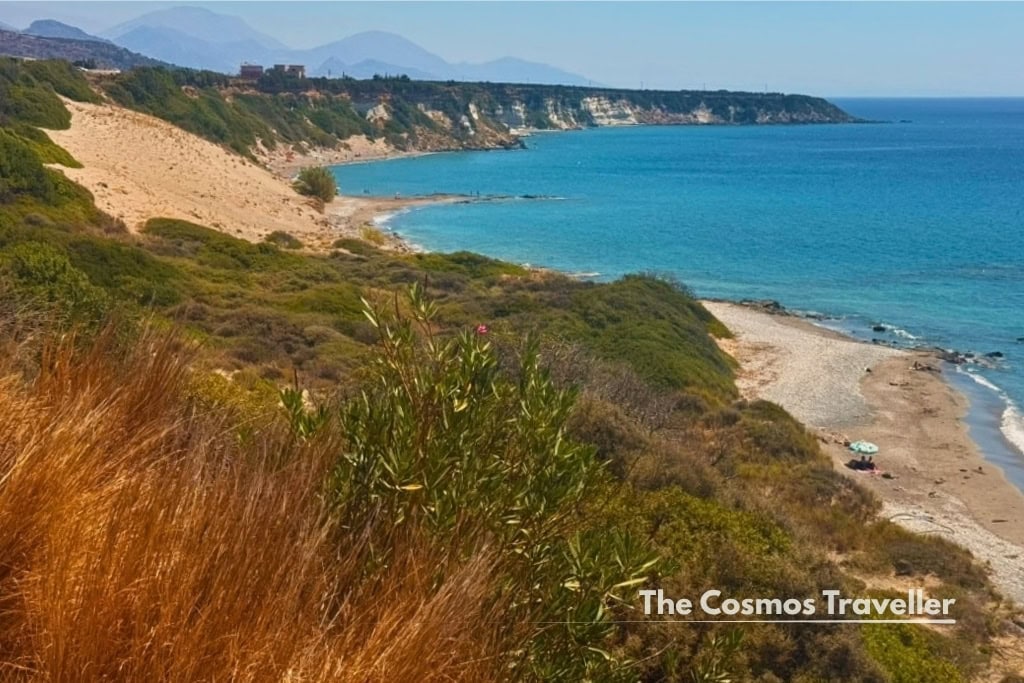 Orthi Ammos beach and its long sandy shoreline near Frangokastello
