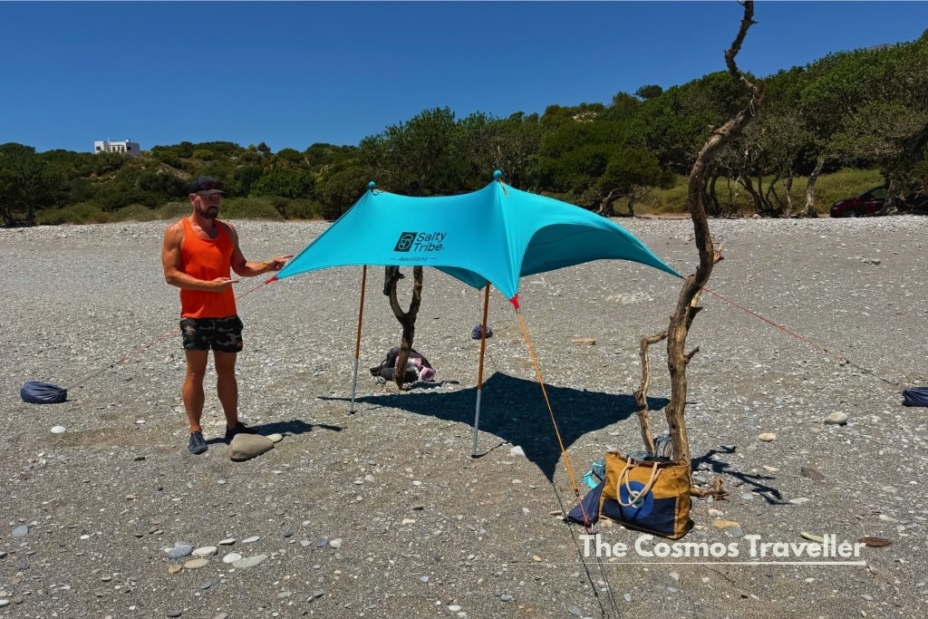Setting up shade at Paralia Rodakino, one of my favourite beaches in Crete