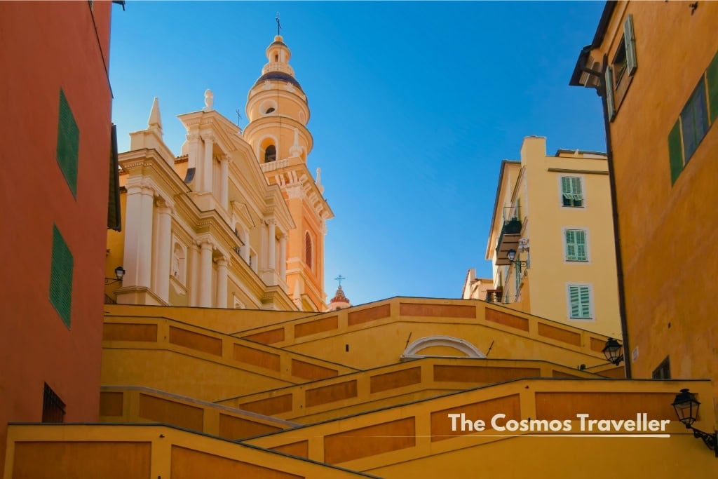 Orange baroque staircase of the Rampes Saint-Michel in Menton